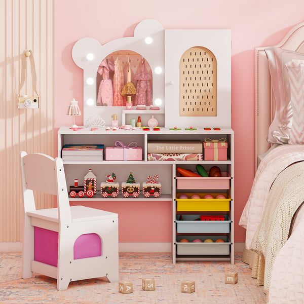 Børne Makeup Bord og Stol Sæt, 80x29x111 cm, Pink , Star