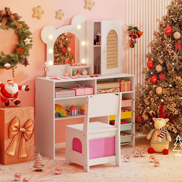 Børne Makeup Bord og Stol Sæt, 80x29x111 cm, Pink , Star