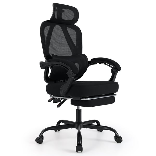 Toimistotuoli, ergonominen korkea selkänoja verkkotuoli, jossa esiinvedettävä jalkatuki, 70x70x114-122 cm, musta , Star