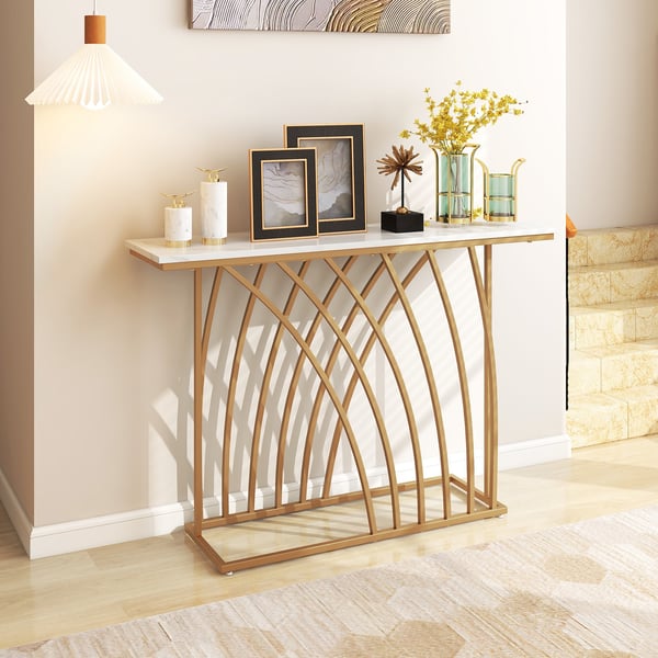 Konsolbord, 48" Guld Konsolbord med Hvid Faux Marmor Bordplade, 48x12x31.5 tommer, Hvid og Guld , Star
