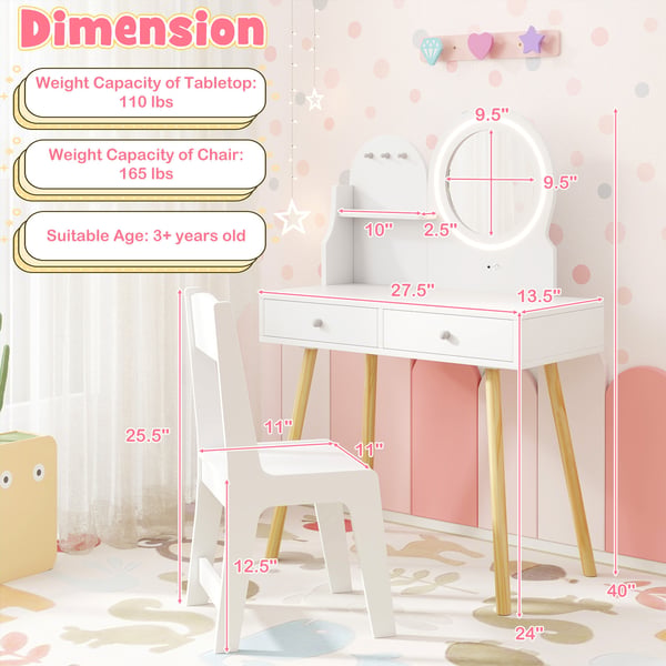 Børns Prinsesse Makeup Bord og Stol Sæt, 70x34x102 cm, Hvid , Star