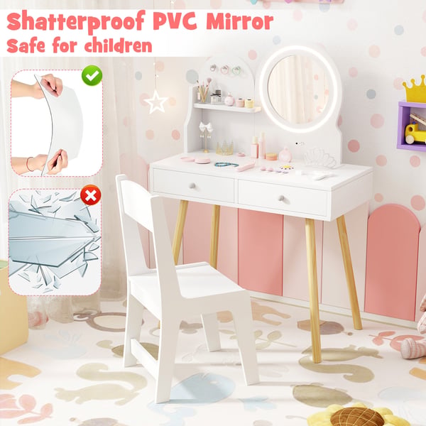 Børns Prinsesse Makeup Bord og Stol Sæt, 70x34x102 cm, Hvid , Star