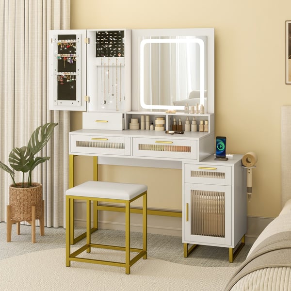 Sminkebord med LED-belysning og opladningsstation, 112x39.5x145 cm, hvid og guld , Star