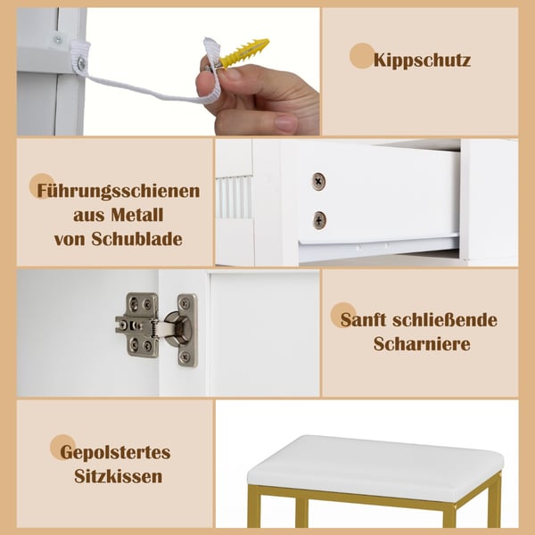 Sminkebord med LED-belysning og opladningsstation, 112x39.5x145 cm, hvid og guld , Star