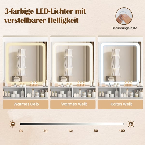 Sminkebord med LED-belysning og opladningsstation, 112x39.5x145 cm, hvid og guld , Star