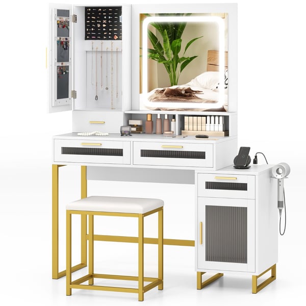 Sminkebord med LED-belysning og opladningsstation, 112x39.5x145 cm, hvid og guld , Star
