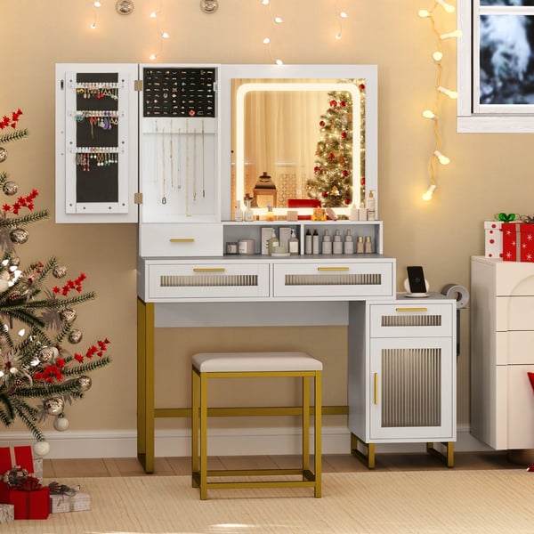 Sminkebord med LED-belysning og opladningsstation, 112x39.5x145 cm, hvid og guld , Star