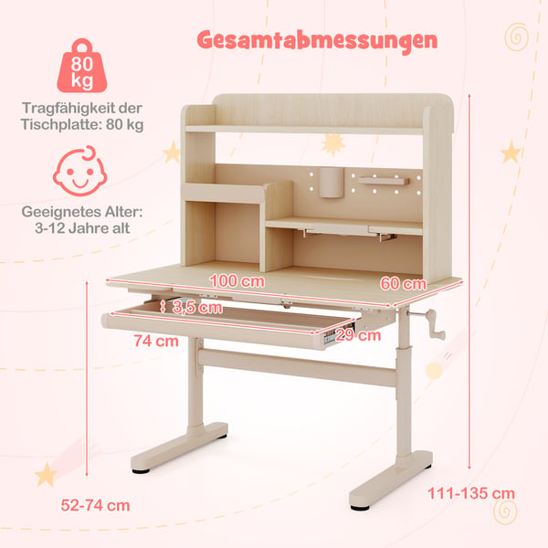 Børne skrivebord, 100x60x111-135 cm, Lyserød , Star