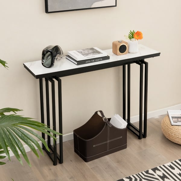Konsolbord, 110cm Faux Marmor Konsolbord med Stærke Metalben-Sort, 43.5"x12"x32", Hvid + Guld , Star