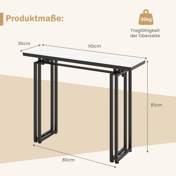 Konsolbord, 110cm Faux Marmor Konsolbord med Stærke Metalben-Sort, 43.5"x12"x32", Hvid + Guld , Star