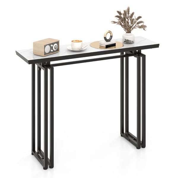 Konsolbord, 110cm Faux Marmor Konsolbord med Stærke Metalben-Sort, 43.5"x12"x32", Hvid + Guld , Star