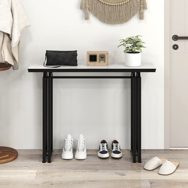 Konsolbord, 110cm Faux Marmor Konsolbord med Stærke Metalben-Sort, 43.5"x12"x32", Hvid + Guld , Star