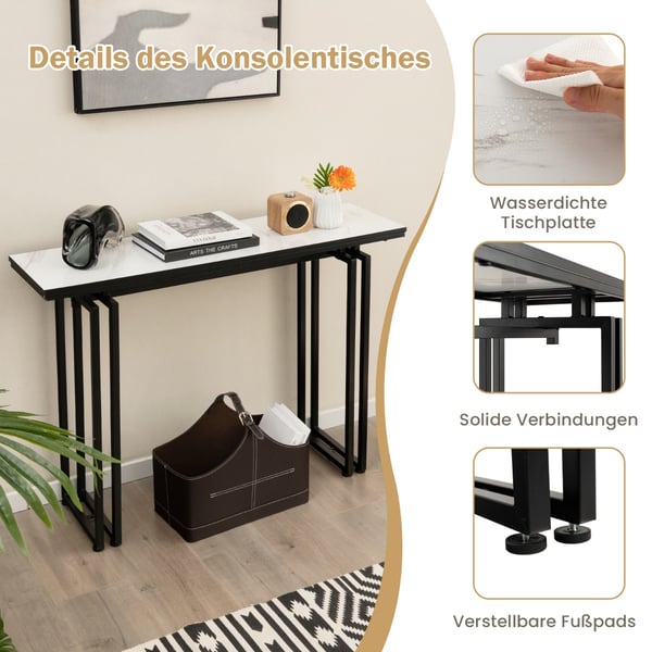 Konsolbord, 110cm Faux Marmor Konsolbord med Stærke Metalben-Sort, 43.5"x12"x32", Hvid + Guld , Star