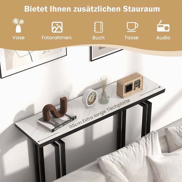 Konsolbord, 110cm Faux Marmor Konsolbord med Stærke Metalben-Sort, 43.5"x12"x32", Hvid + Guld , Star