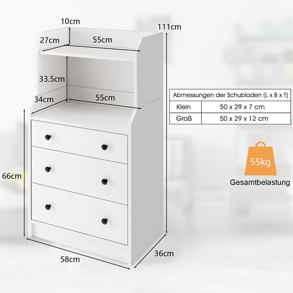 3 Skuffe Kommode med Hylder, 58x36x111 cm, Hvid , Star