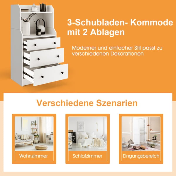 3 Skuffe Kommode med Hylder, 58x36x111 cm, Hvid , Star
