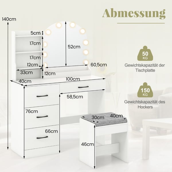Makeupbord og skammel sæt, 100x40x140 cm, hvid , Star