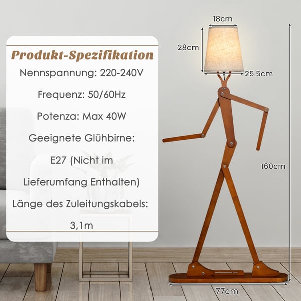 Gulvlampe, 160 cm, Naturfarvet - materiale: gummitræ + slub canvas stof , Star