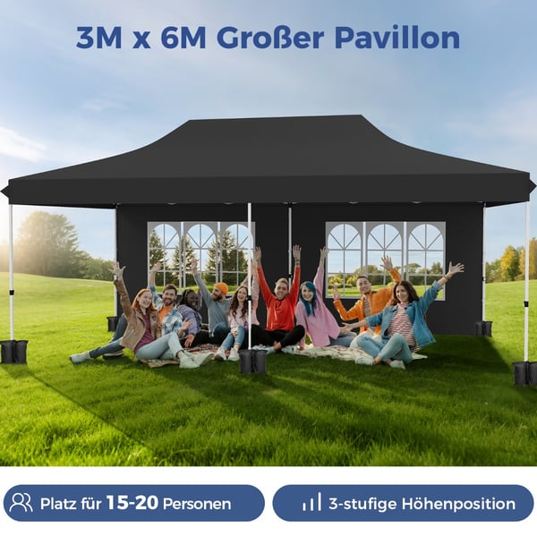 Pop Up Pavillon, 600x300x296-316 cm, Sort , Star
