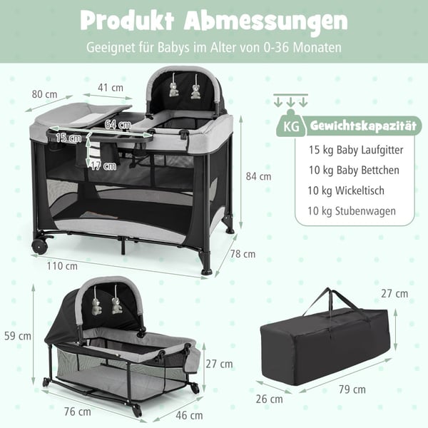 Transportabel baby seng, 110x78x78 cm, Sort + Grå , Star