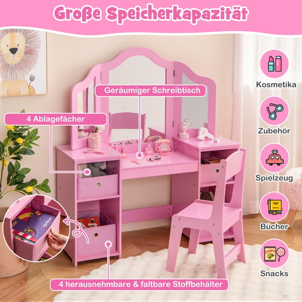 Toiletbord og Stol Sæt, 41x16x46 cm, Pink/Hvid , Star