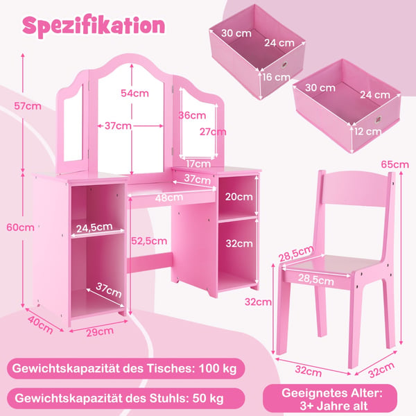 Toiletbord og Stol Sæt, 41x16x46 cm, Pink/Hvid , Star