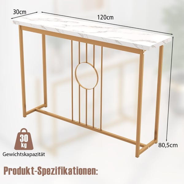 Indgangsbord, Moderne Imiteret Marmorbordplade, 119×30×80 cm, Hvid, Guld , Star
