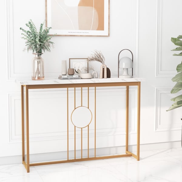 Indgangsbord, Moderne Imiteret Marmorbordplade, 119×30×80 cm, Hvid, Guld , Star