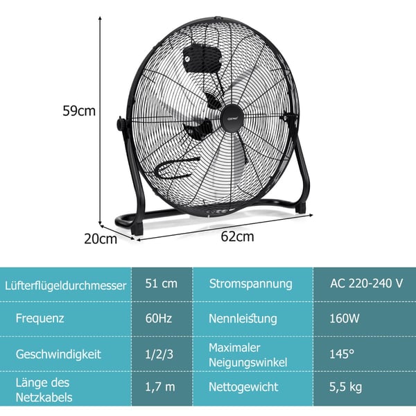 Gulvventilator, φ51cm båndventilator 151,5W, 62x20x59 cm, Sort , Star