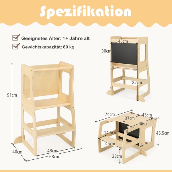 Køkkenståtårn, 3-i-1 Foldbar til Småbørn, 68x40x91 cm, Naturlig , Star