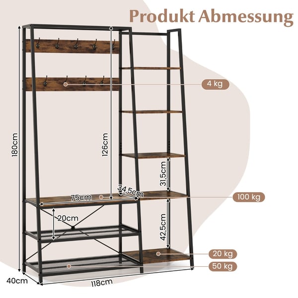 Entre hall tree med opbevaringsbænk, 118×41×180 cm, Sort + Rustik Brun , Star