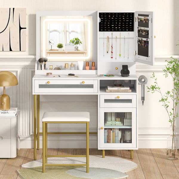 Sminkebord, 96x39x135.5 cm, Hvid + Guld , Star