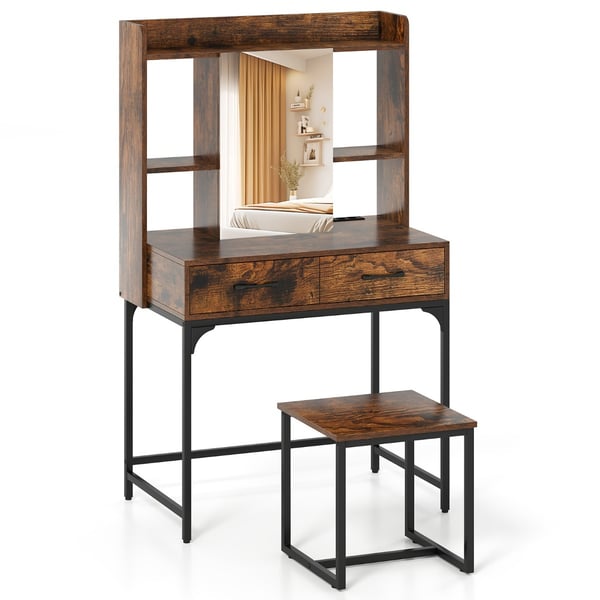 Toilettbord sæt med spejl, opladncmgsstation, skuffer, åbne hylder , Star
