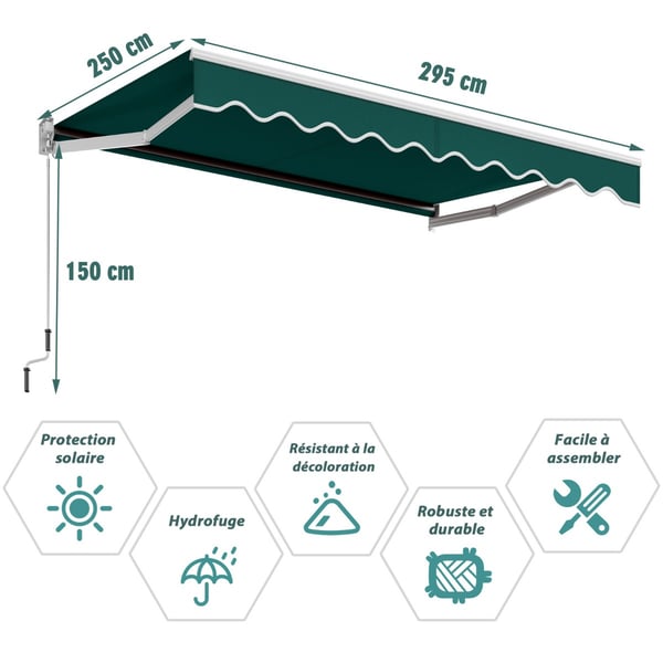 Markise med ledet arm, 3x2,5 m, grøn , Star