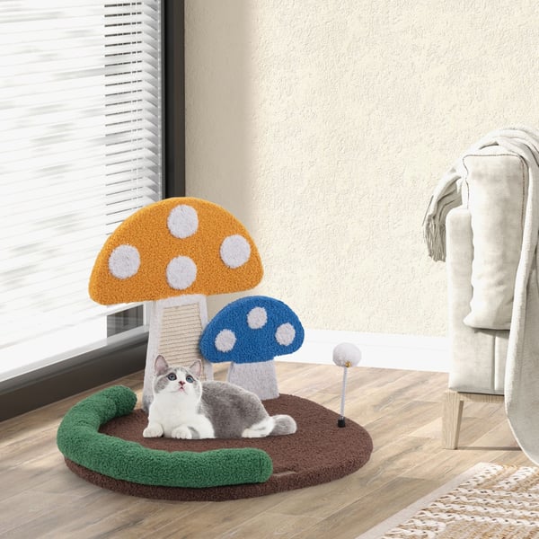 Katte seng, Champignon Katteklo med bred seng og sisal kradsepanel, 58×50×43 cm, Multifarvet , Star
