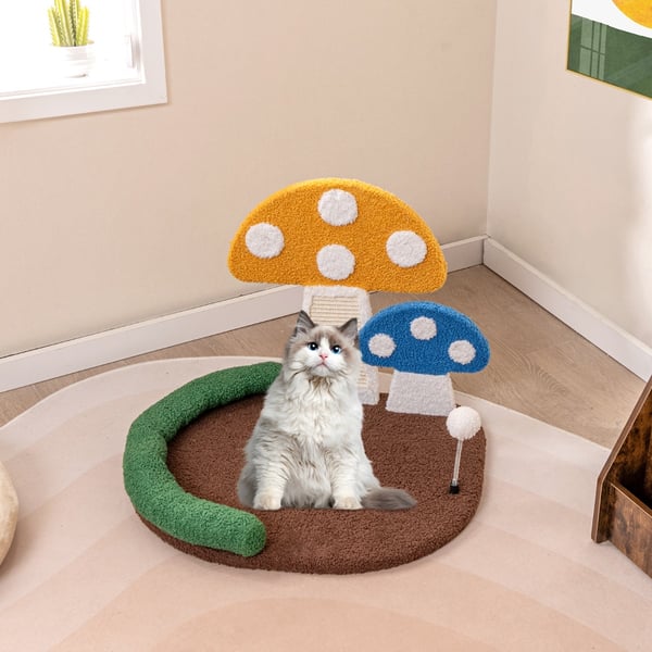 Katte seng, Champignon Katteklo med bred seng og sisal kradsepanel, 58×50×43 cm, Multifarvet , Star