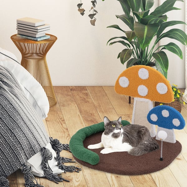 Katte seng, Champignon Katteklo med bred seng og sisal kradsepanel, 58×50×43 cm, Multifarvet , Star