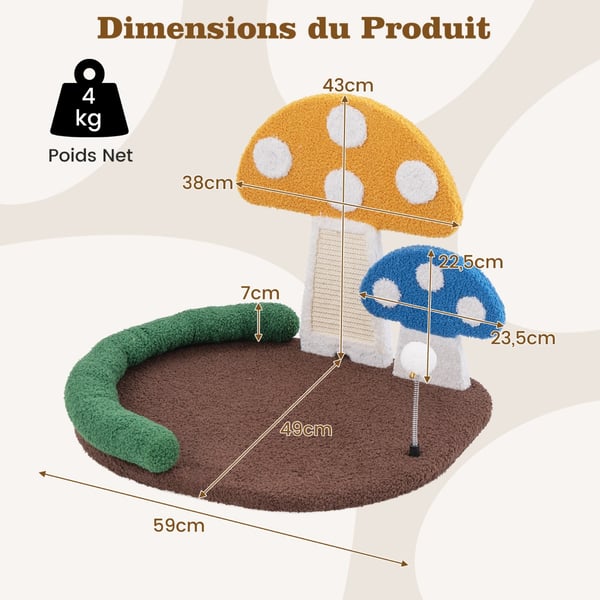 Katte seng, Champignon Katteklo med bred seng og sisal kradsepanel, 58×50×43 cm, Multifarvet , Star