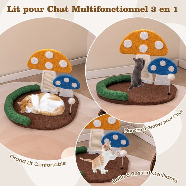Katte seng, Champignon Katteklo med bred seng og sisal kradsepanel, 58×50×43 cm, Multifarvet , Star