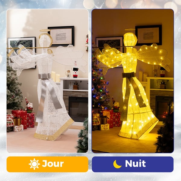 Julepynt, Engelformet Lysende Kunstig Juledekoration 100 LED-lys 4 Stænger 10 Lynlåse, 150 cm, Hvid Guld , Star