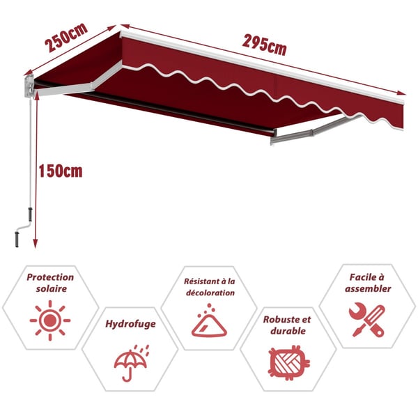 Markise, 3x2,5 m, Rød - materiale: Aluminiumlegeringsramme, polyesterstof med PA-belægning , Star