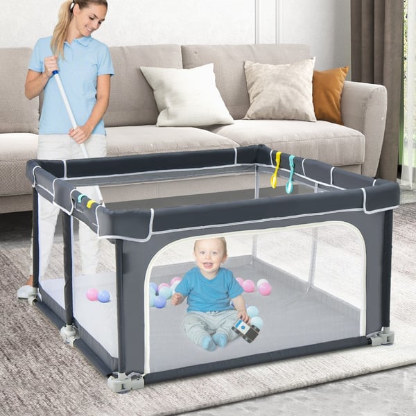 Foldbar Baby Legeplads, 124x124x70 cm, Mørkegrå , Star