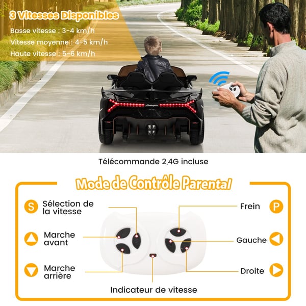 Sähköauto lapsille, Lamborghini kauko-ohjaimella & LED-ajovalot & äänitorvi & musiikki, 111x61x45 cm, Musta , Star