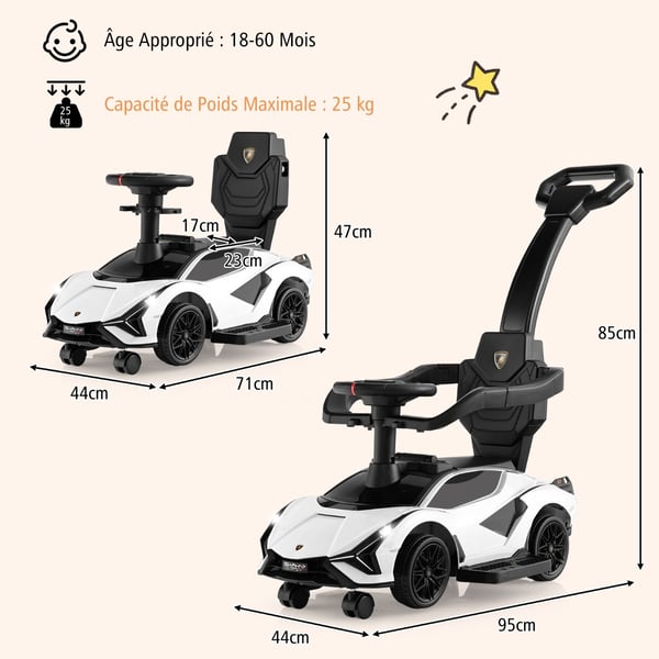 Kävely-leikkiauto vaunukärry, Lamborghini, 94×43×84 cm, valkoinen , Star