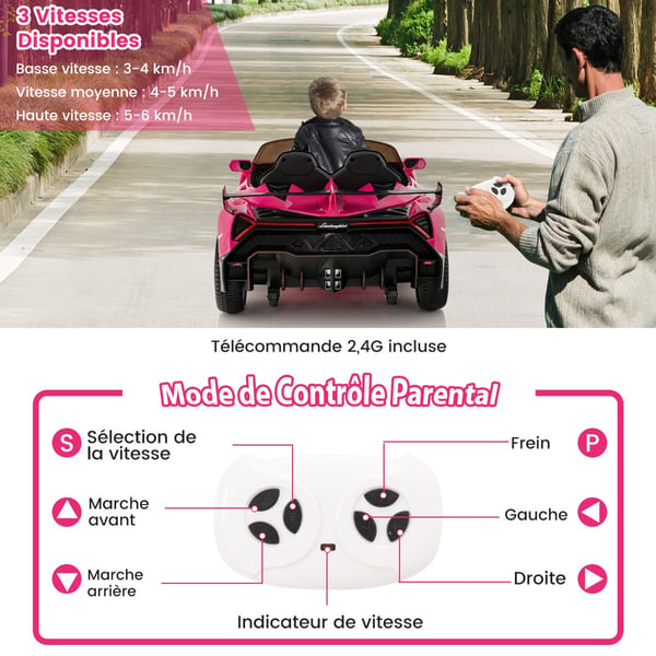 Elektrisk bil til børn, Lamborghini med fjernbetjening & LED-forlygter & horn & musik, 111x61x45 cm, pink , Star