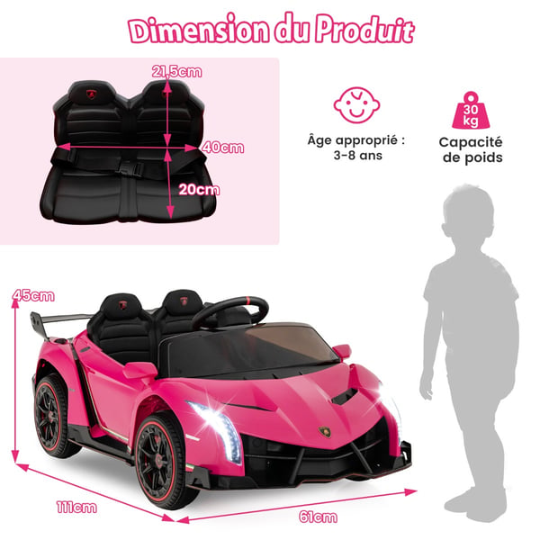 Elektrisk bil til børn, Lamborghini med fjernbetjening & LED-forlygter & horn & musik, 111x61x45 cm, pink , Star