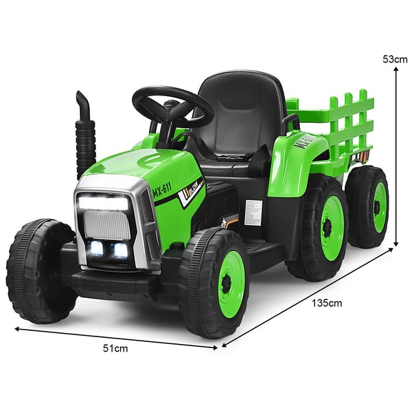 Børne traktor, 3-hastigheds 12V køretøj med aftagelig trailer, 136,5x50x52,5 mm, Grøn , Star