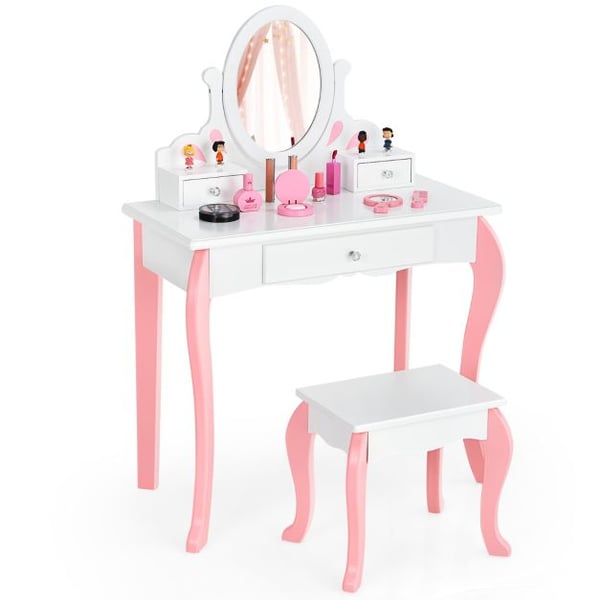 Sminkebord og Stol Sæt, 70x33x100 cm, Pink/Hvid , Star