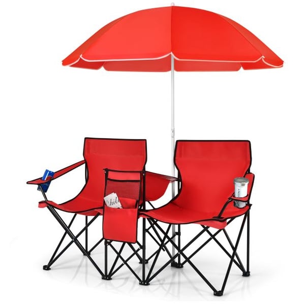 Foldbar picnicstol, bærbar dobbelt picnicstol med paraply, 160×56×118 cm, grå/blå , Star