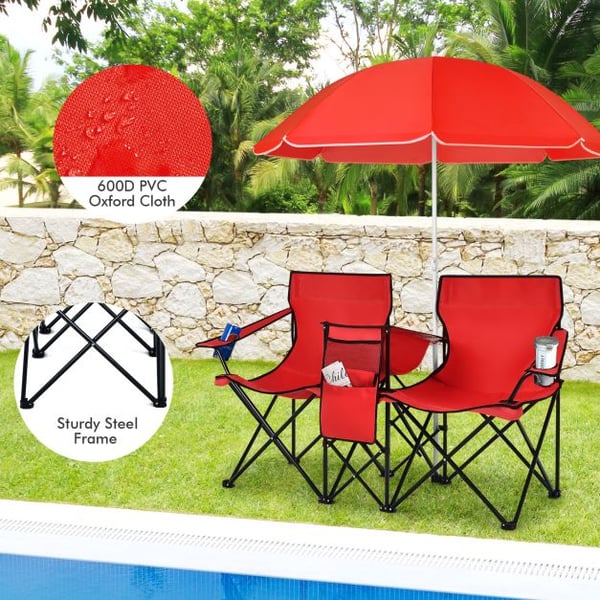 Foldbar picnicstol, bærbar dobbelt picnicstol med paraply, 160×56×118 cm, grå/blå , Star